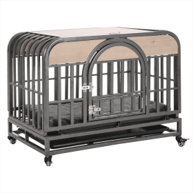46in Heavy Duty Dog Crate, Furniture Style Dog Crate With Removable Trays And Wheels For High Anxiety Dogs (Color: Grey)