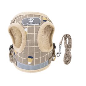 Pet Mesh Harness Dog Leash Set Reflective Chest Strap Adjustable Puppy Vest For Puppies Breeds Dogs Cats Walking Outdoor (Option: LeashKhakiCheckeredL)