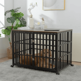 Heavy Duty Wooden Dog Cage For Large And Medium Dogs Furniture Style Indoor Pet Cage With Wheels And Lock (Color: Black)